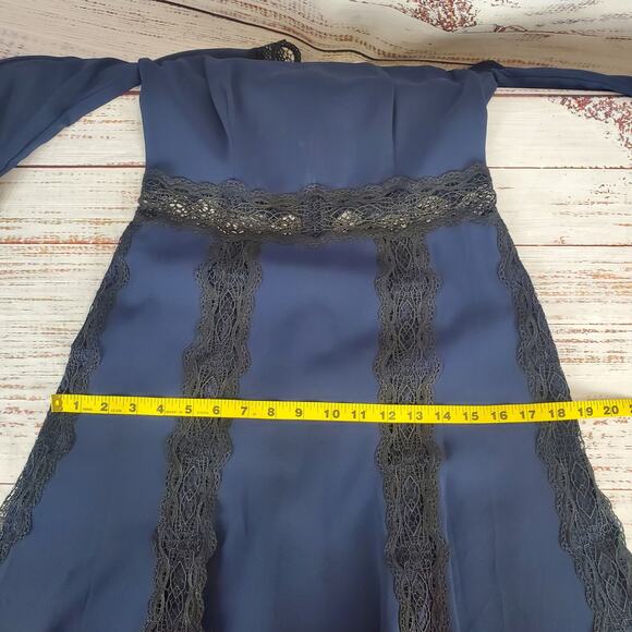 Jonathan Simkhai Blue Dress Black Lace Trim 4 Swing Party Flare Bell Sleeve NWT - Picture 13 of 16